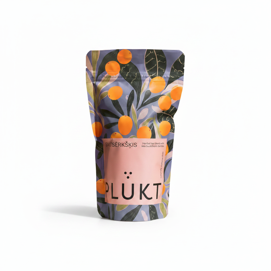 A stand-up pouch of Plukt Bŋsčrāskās (plum leaves and berries) tea, featuring a botanical pattern of orange plums and green leaves on a muted purple background, with a prominent pink label on the front.