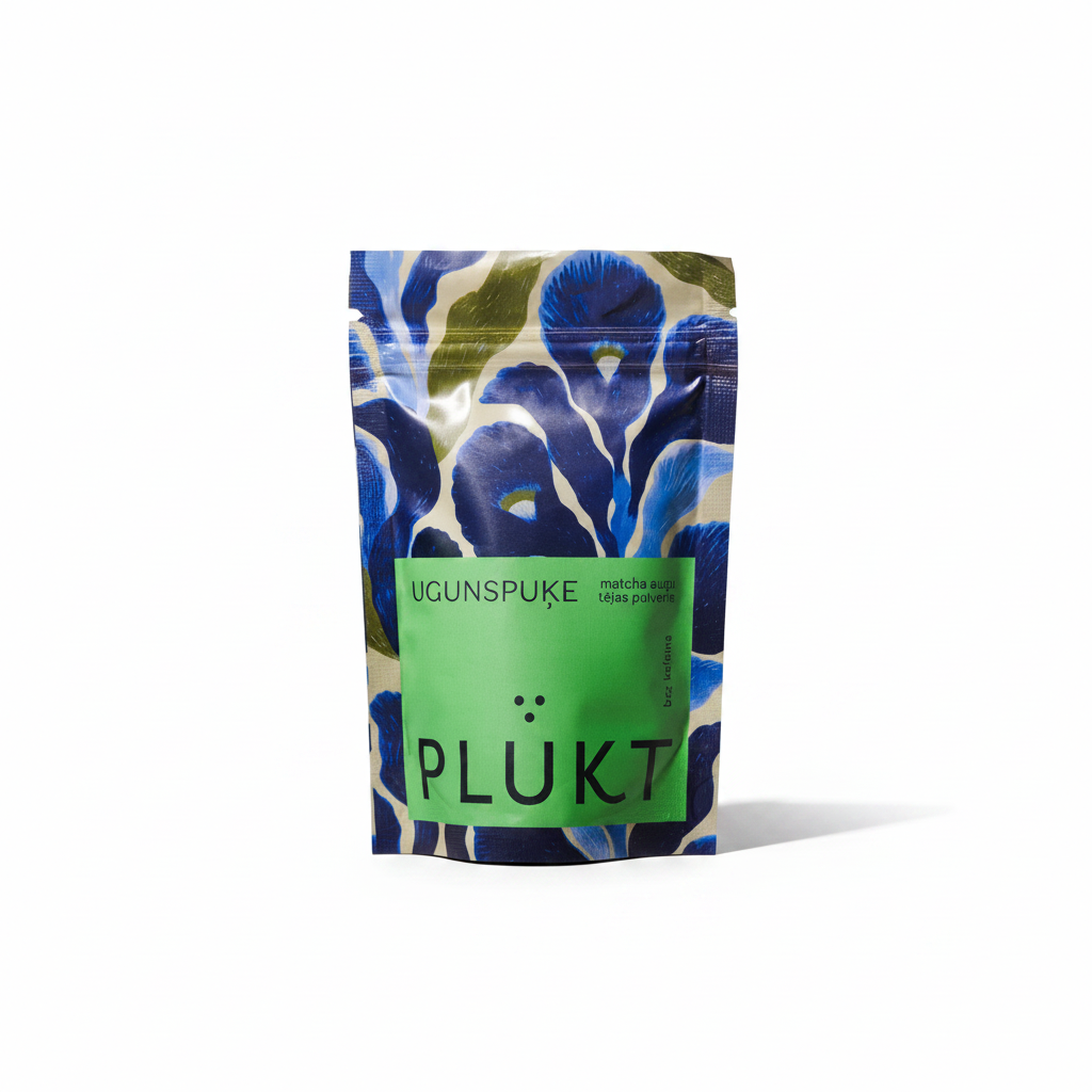 A stand-up pouch of Plukt Ugunspuke matcha green tea, featuring a blue and green floral pattern with a prominent green label on a white background.