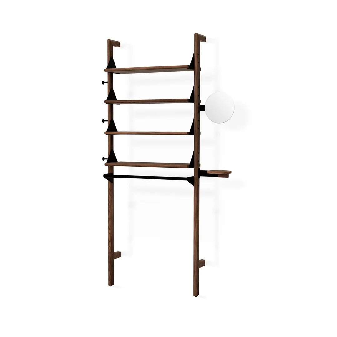 Branch-1 Display Unit in Walnut Uprights Black Brackets Walnut Shelves