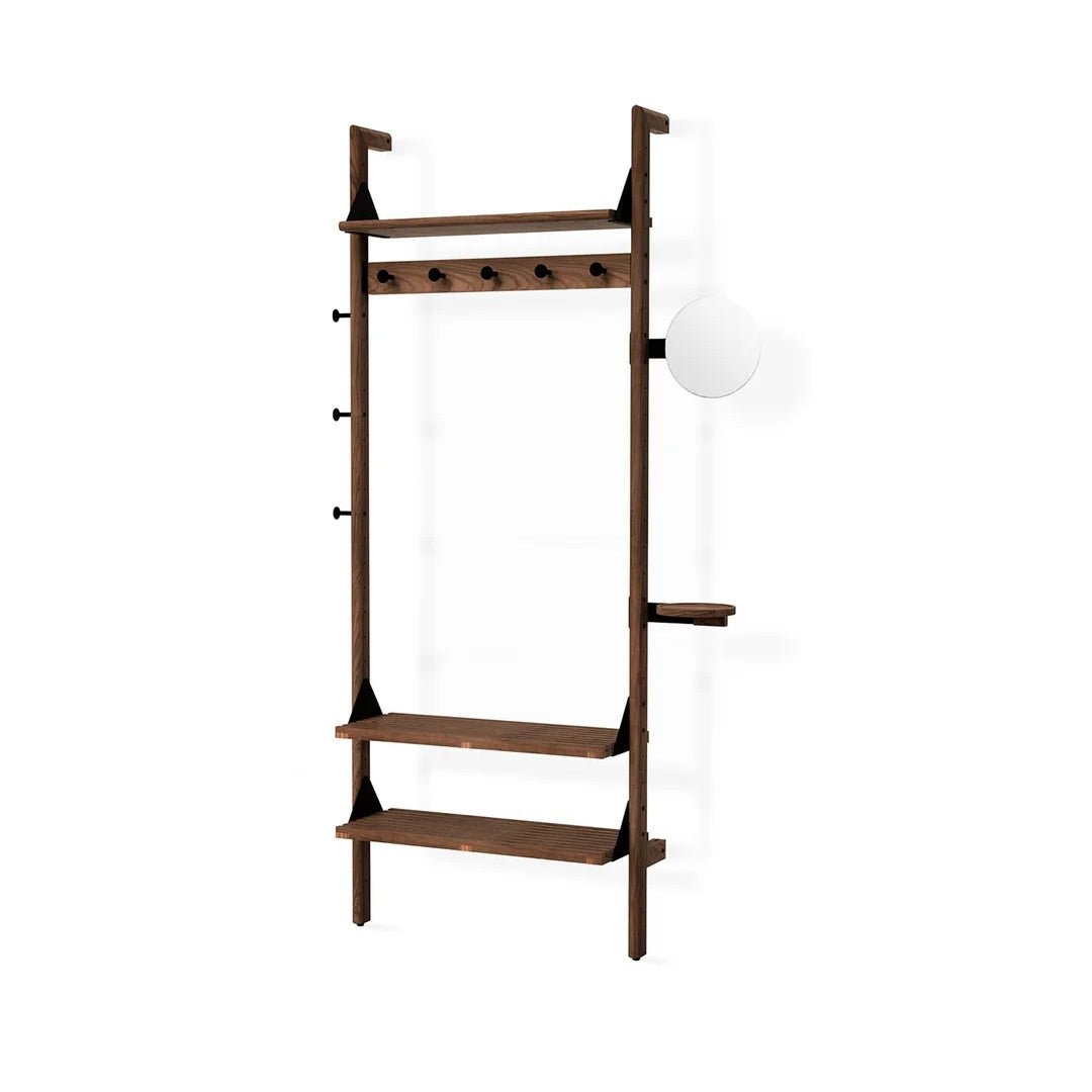 Branch-1 Entryway Unit in Walnut Uprights Black Brackets Walnut Shelves