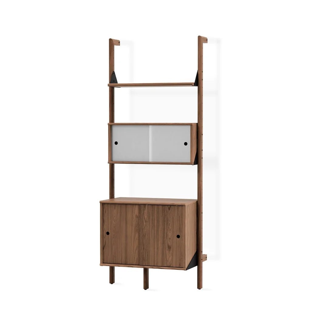 Branch-1 Multi Storage Unit in Walnut Uprights Black Brackets Walnut Shelves