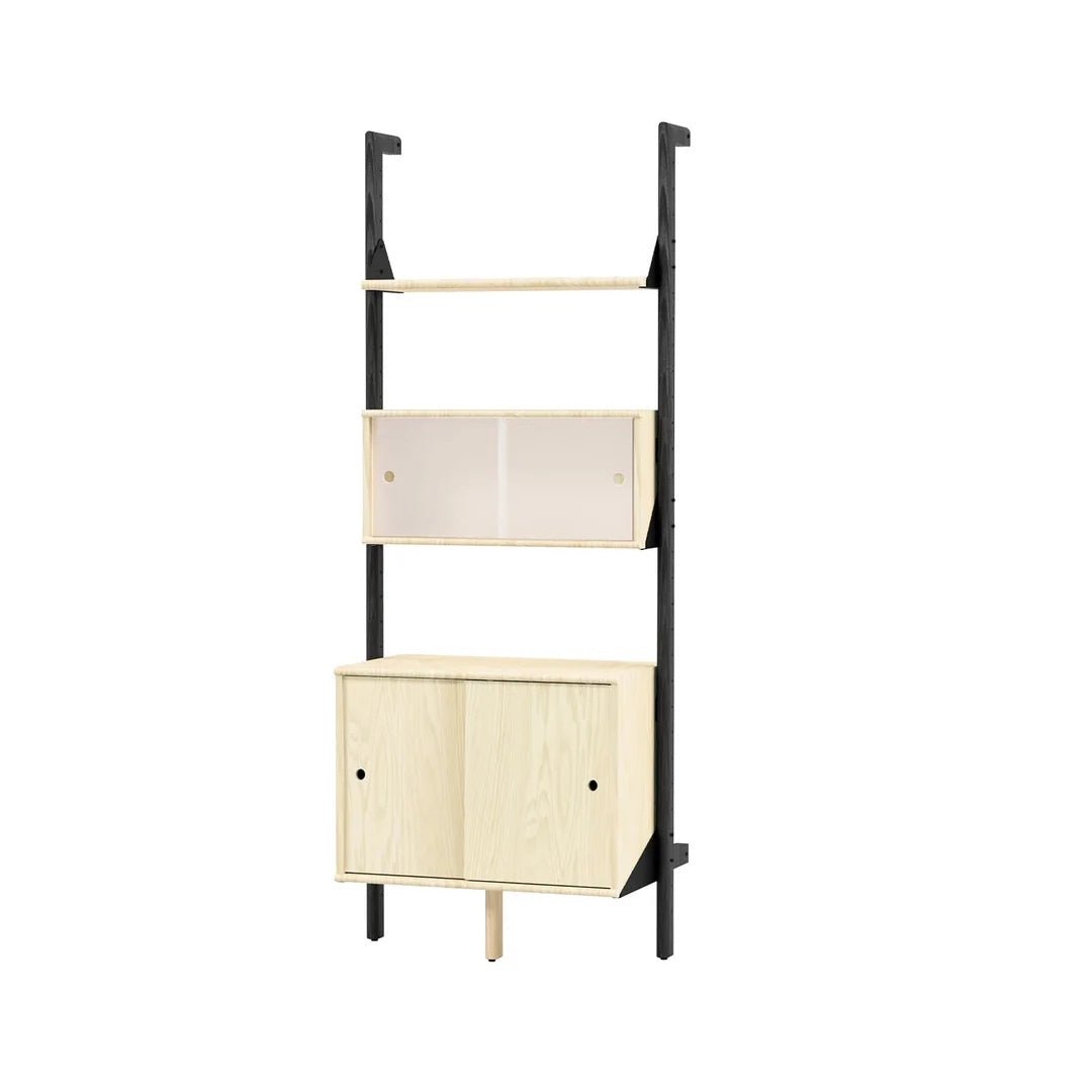 Branch-1 Multi Storage Unit in Black Uprights Black Brackets Blonde Shelves