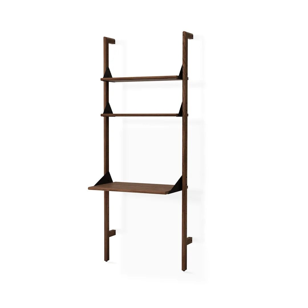 Branch-1 Shelving Unit with Desk in Walnut Uprights Black Brackets Walnut Shelves