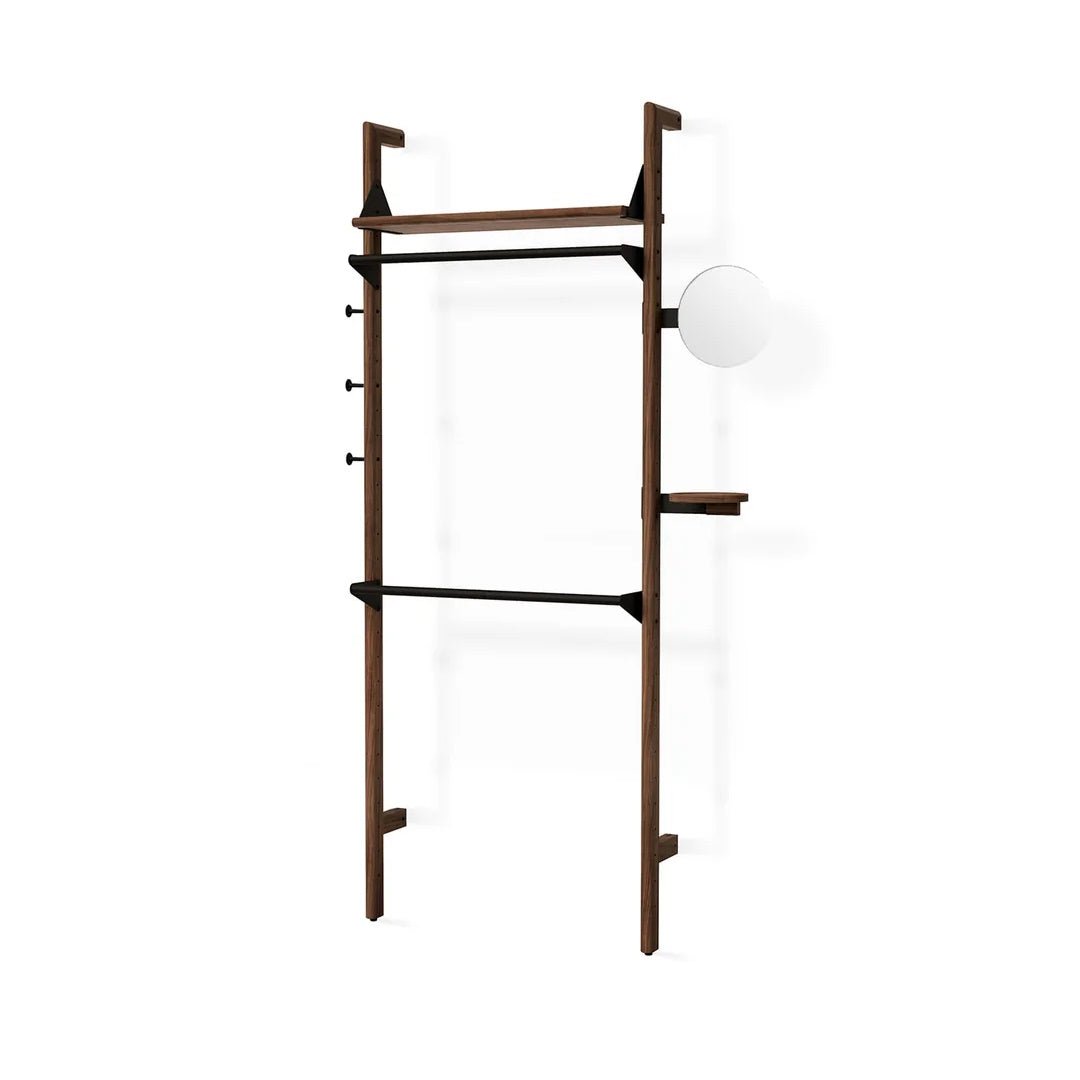 Branch-1 Wardrobe Unit in Walnut Uprights Black Brackets Walnut Shelves
