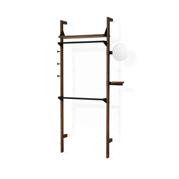 Branch-1 Wardrobe Unit in Walnut Uprights Black Brackets Walnut Shelves