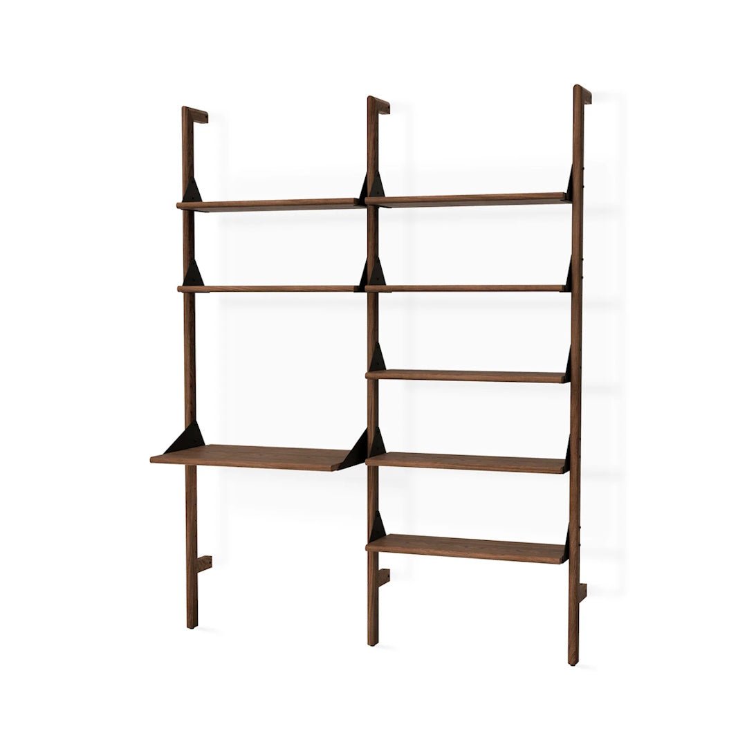 Branch-2 Shelving Unit with Desk in Walnut Uprights Black Brackets Walnut Shelves