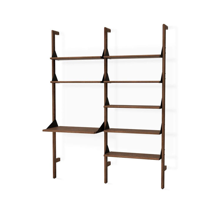 Branch-2 Shelving Unit with Desk in Walnut Uprights Black Brackets Walnut Shelves