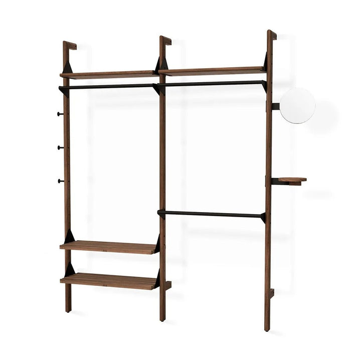 Branch-2 Wardrobe Unit in Walnut Uprights Black Brackets Walnut Shelves