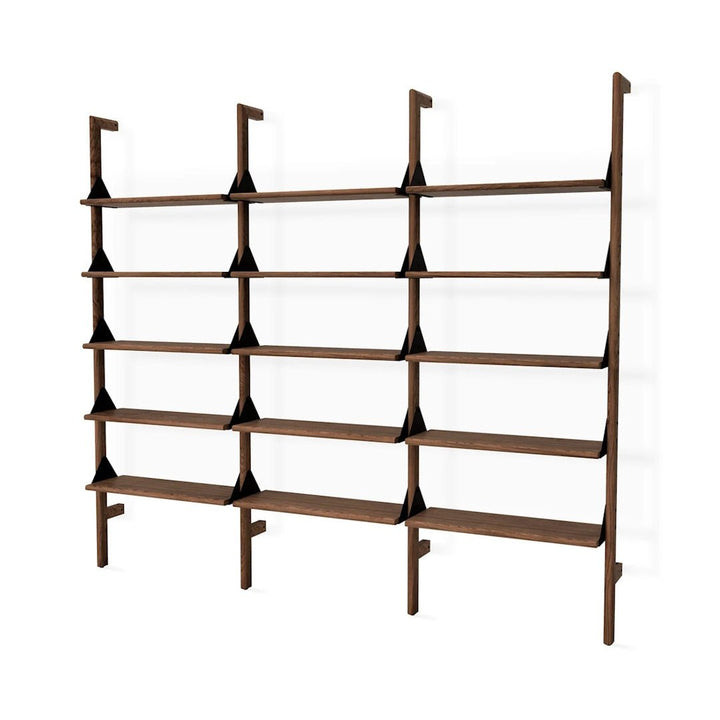 Branch-3 Shelving Unit in Walnut Uprights Black Brackets Walnut Shelves