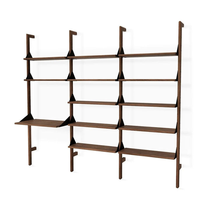Branch-3 Shelving Unit with Desk in Walnut Uprights Black Brackets Walnut Shelves