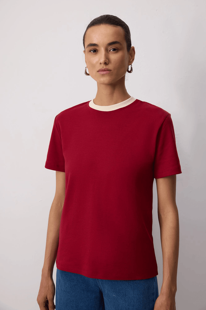 Burgundy Cotton Tee with Contrast Ribbed Collar - ökenhem
