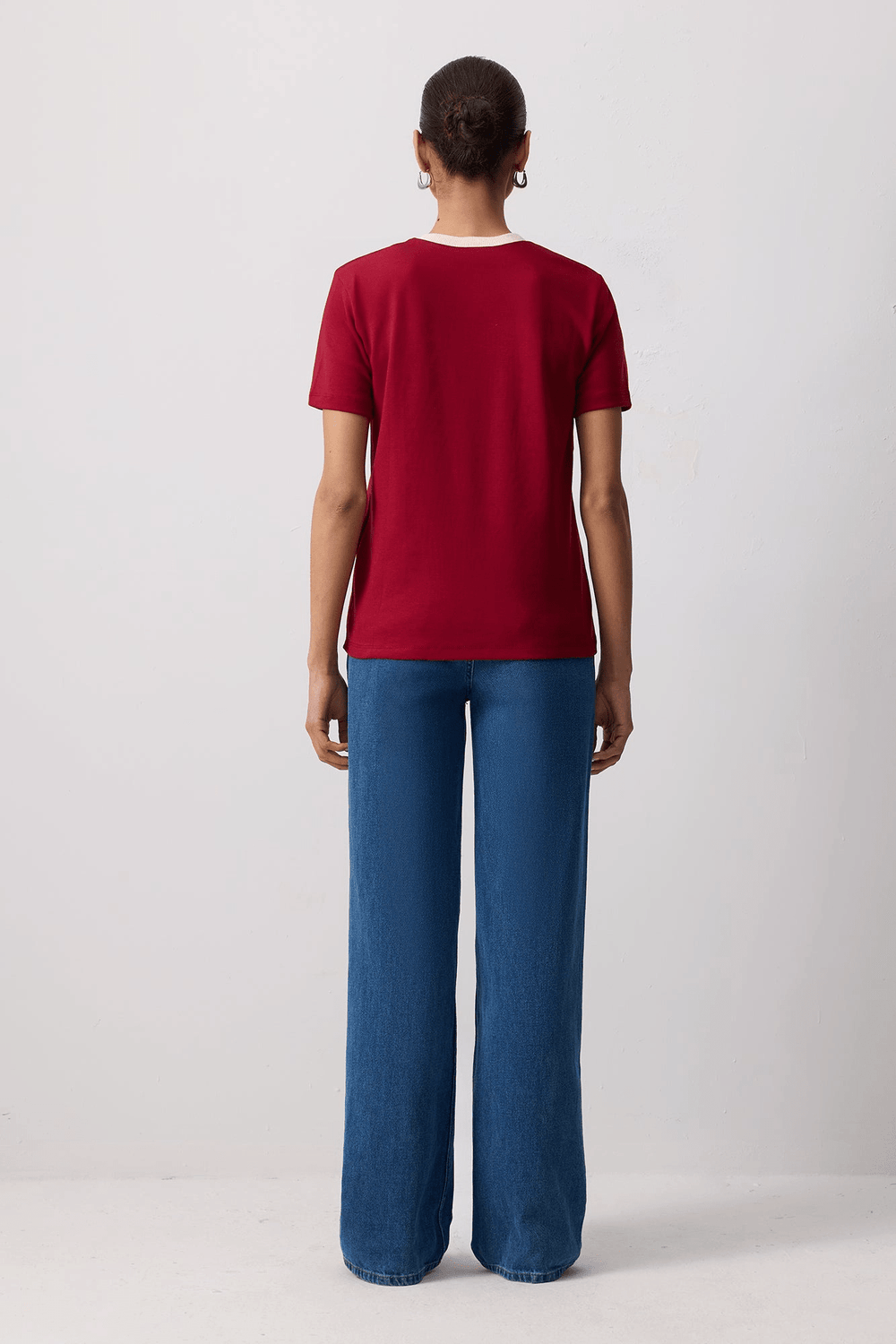Burgundy Cotton Tee with Contrast Ribbed Collar - ökenhem