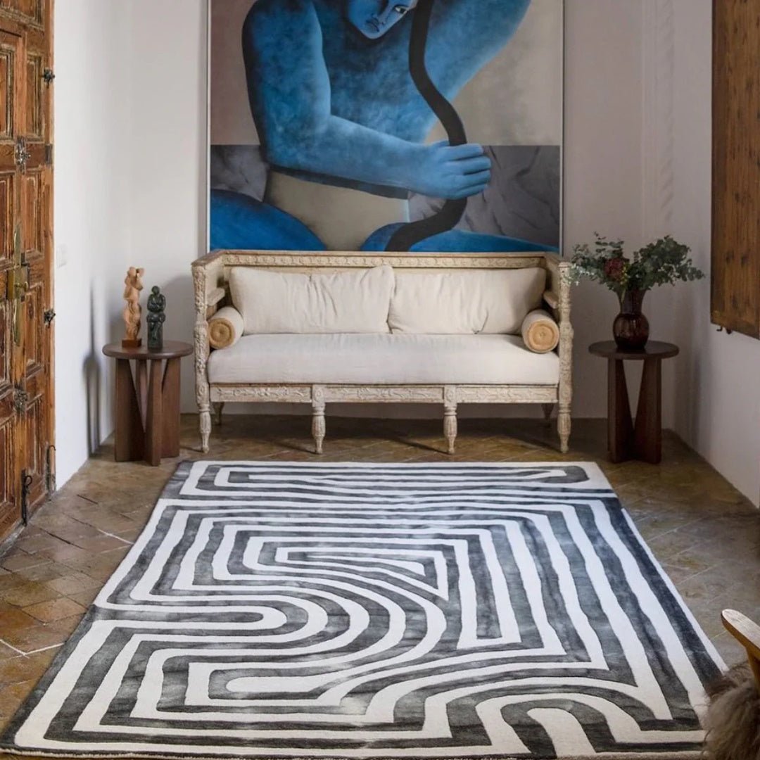 Psychedelic Labyrinth Charcoal Dip Dye Rug - ökenhem
