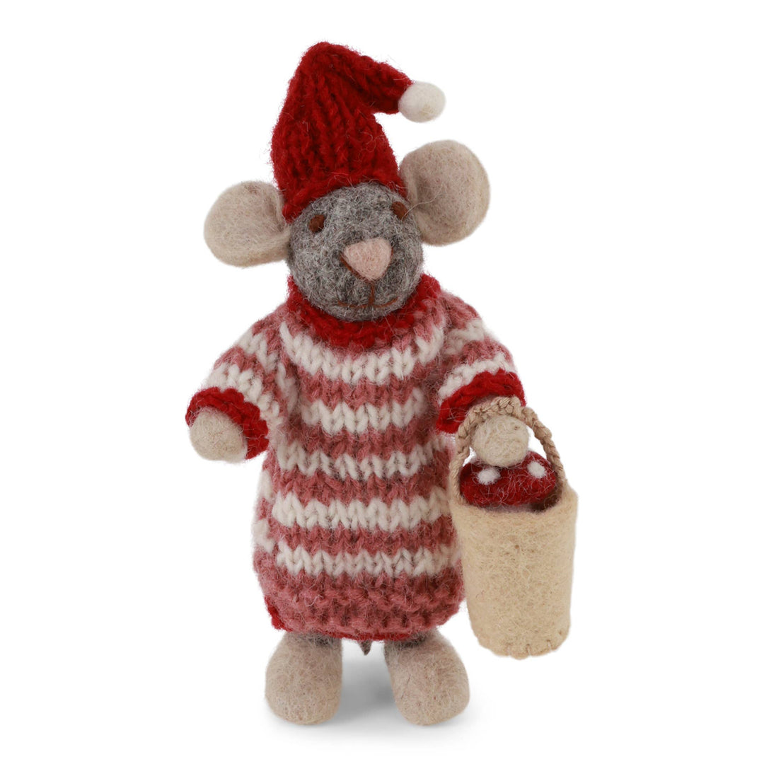 Small Grey Girly Mouse in Dress w/Mushroom in Bucket - ökenhem